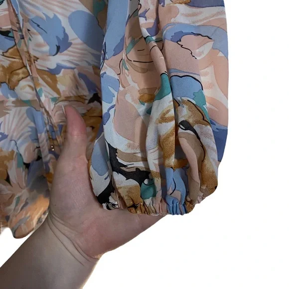 Entro Womens Large Floral Boho Preppy Pastel Long Sleeve Split Neck Tiered Dress - Picture 5 of 14